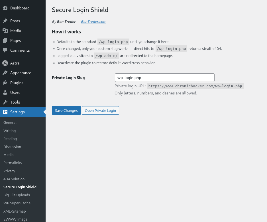 Secure Login Shield settings page